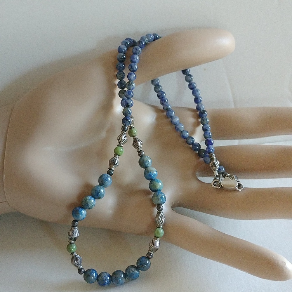 VINTAGE STERLING SILVER BLUE LAPIS GREEN TURQUOISE NECKLACE 18" LONG